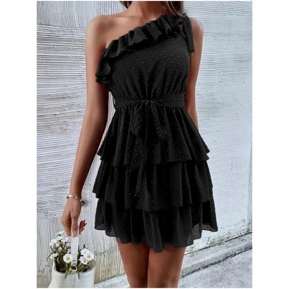 Boho Swiss dot One Shoulder Ruffle Mini Dress - Picture 3 of 13